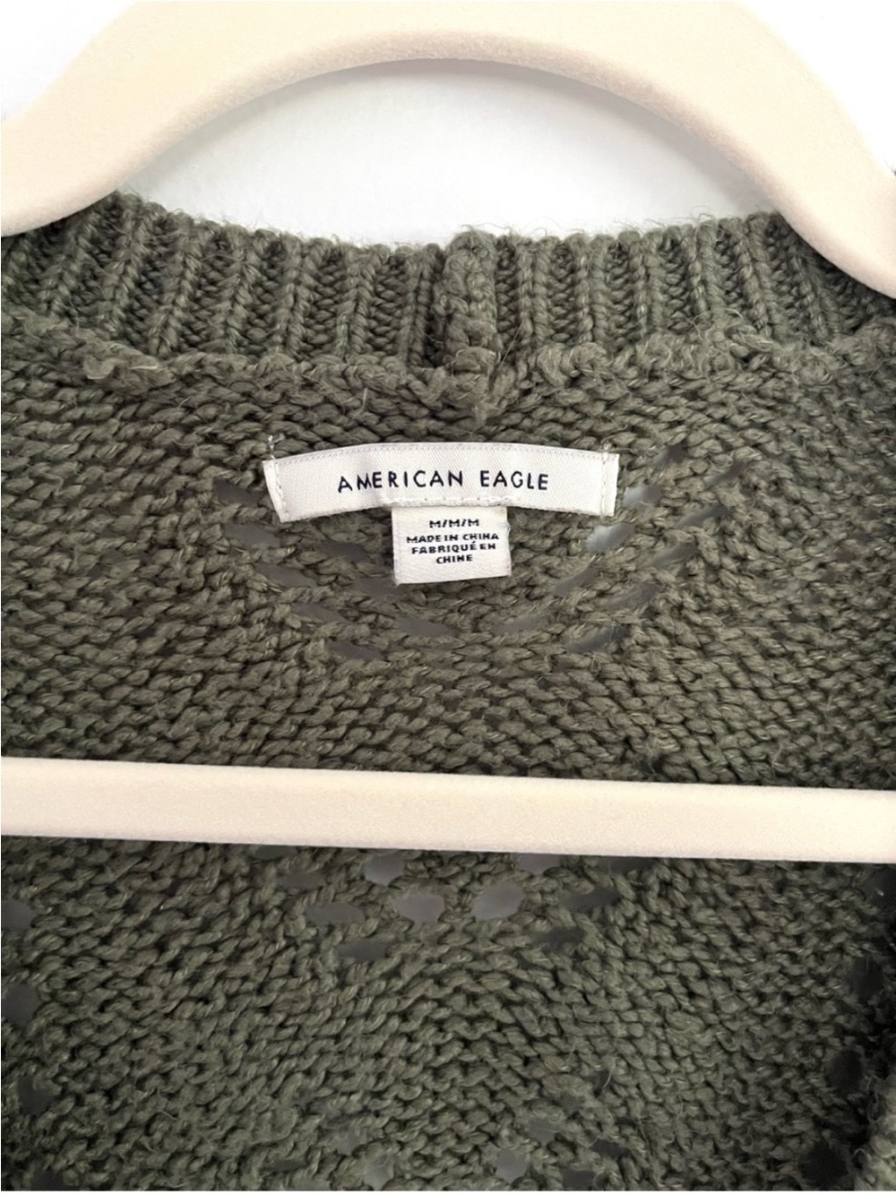 American Eagle Olive Pointelle Open Knit Cropped Button Front Cardigan Olive M - Picture 3 of 7